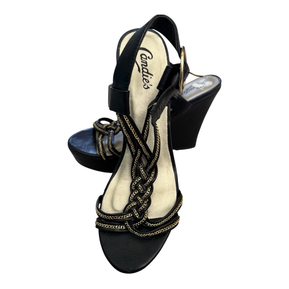 Kohl's Candie's Black Braided Strap Platform Wedge Sandals with Gold Accents